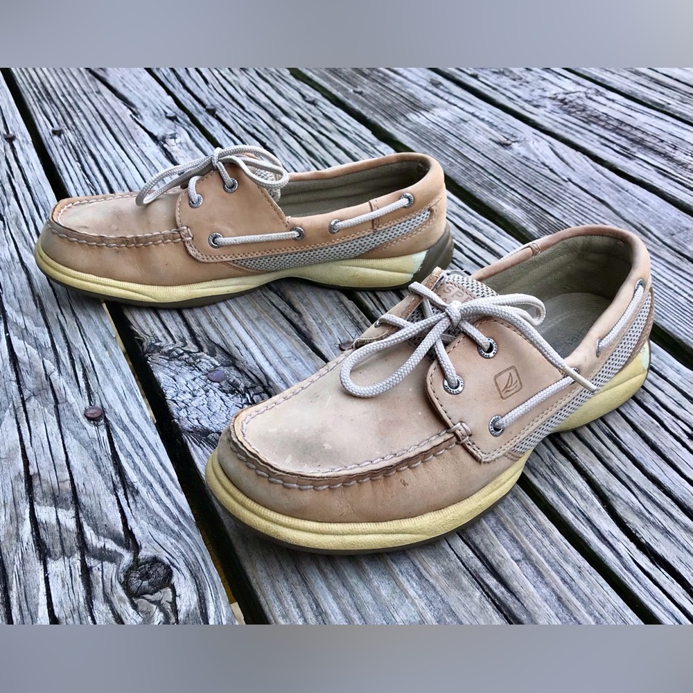 Ladies 8 SPERRY Top Sider Tan Leather Short Lace Boat Shoe Loafer Everyday Shoes